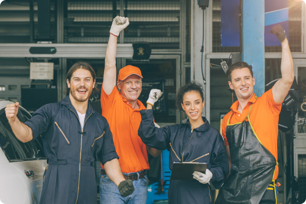 group mechanic staff car service team worker people garage happy smile hand risign 1
